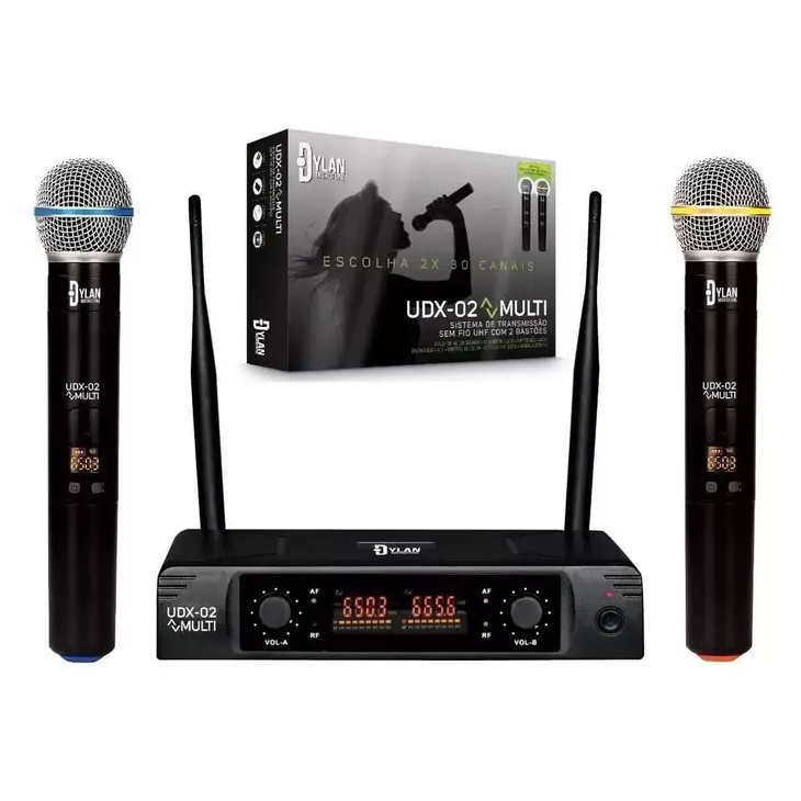 Microfone Sem Fio Dylan UHF Duplo De Mão Display Digital Com 2X30