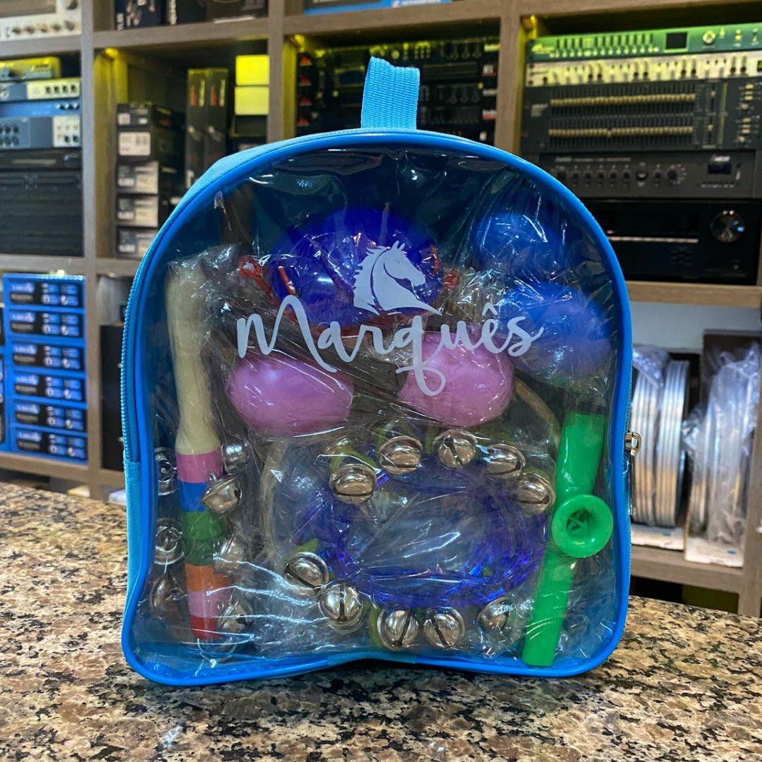 Foto do produto  KIT BANDINHA INFANTIL C/10 INSTRUMENTOS C/ MOCHILA AZUL
