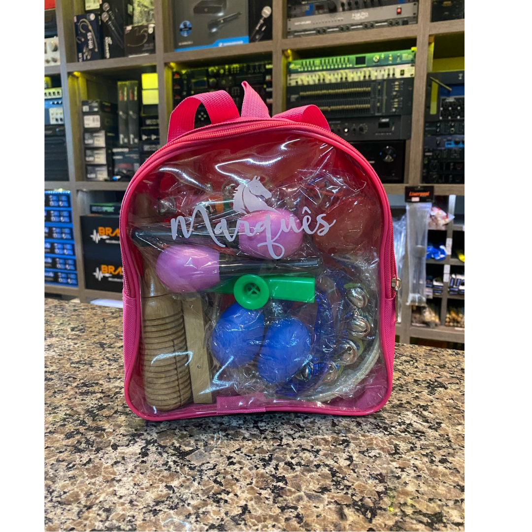 Foto do produto  KIT BANDINHA INFANTIL C/10 INSTRUMENTOS C/ MOCHILA ROSA